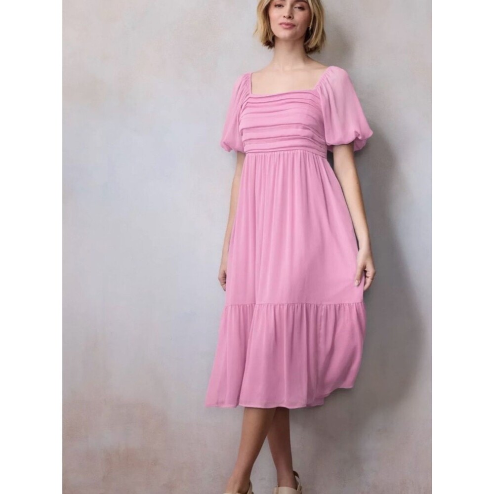 LC Lauren Conrad Light Pink Square-Neck Puff Sleeve Midi Dress size large